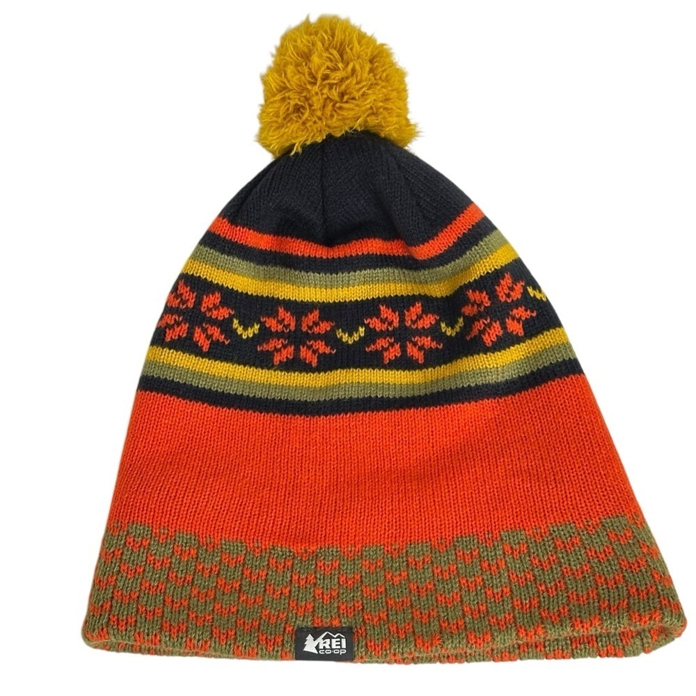 REI Co Op Kids L XL Fair Isle Poof Beanie Hat Orange Green Winter
